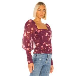 LPA “Marta” Long Puff Sleeve Corset Top Burgundy Red Jolene Floral – Size Small